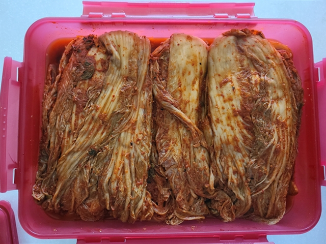 빨간 김치통에 가득 들어있는 배추김치