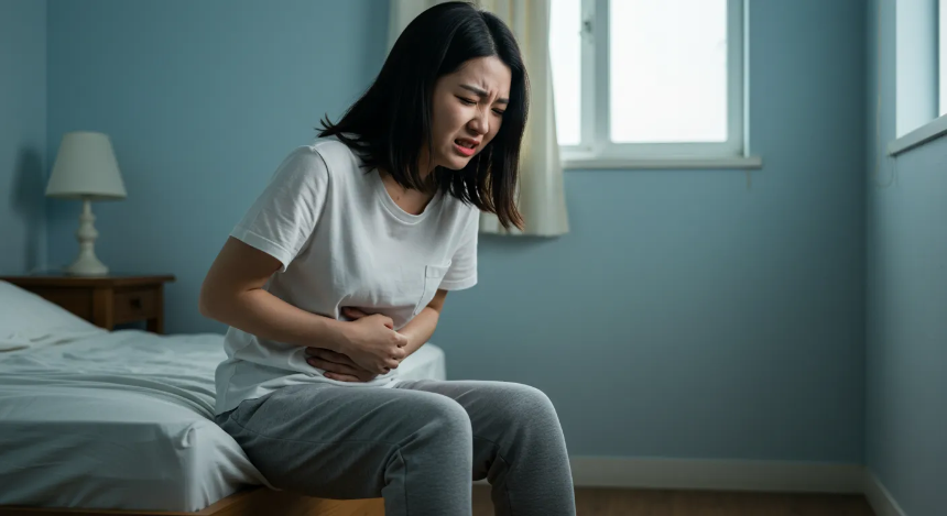 방안에서 복통으로 아파하는 여성 이미지