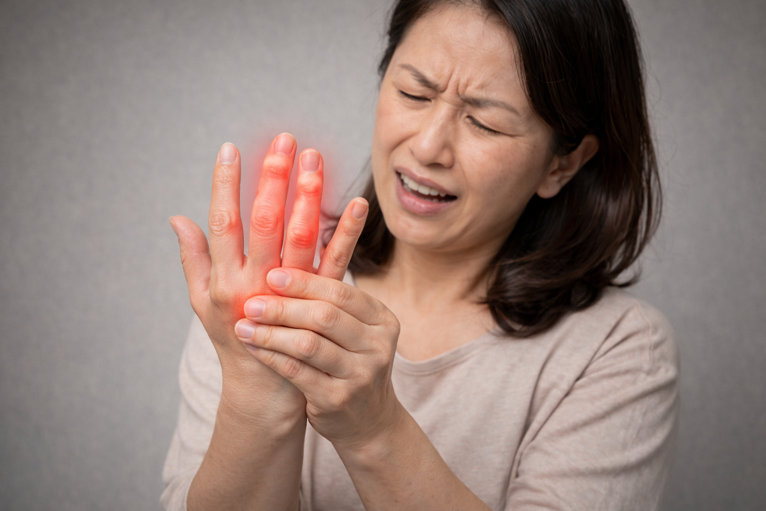 여성분이 손가락 통즈으로 고통스러워 하는 모습