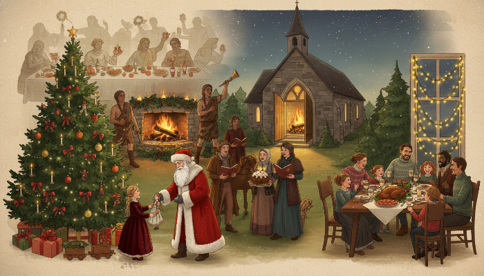 크리스마스의 역사적 변천사를 한눈에 보여주는 삽화. 고대 로마의 사투르날리아, 북유럽의 율 축제, 중세 기독교 축제, 빅토리아 시대의 크리스마스 풍습(트리, 산타)이 현대적 요소와 어우러져 있는 모습.