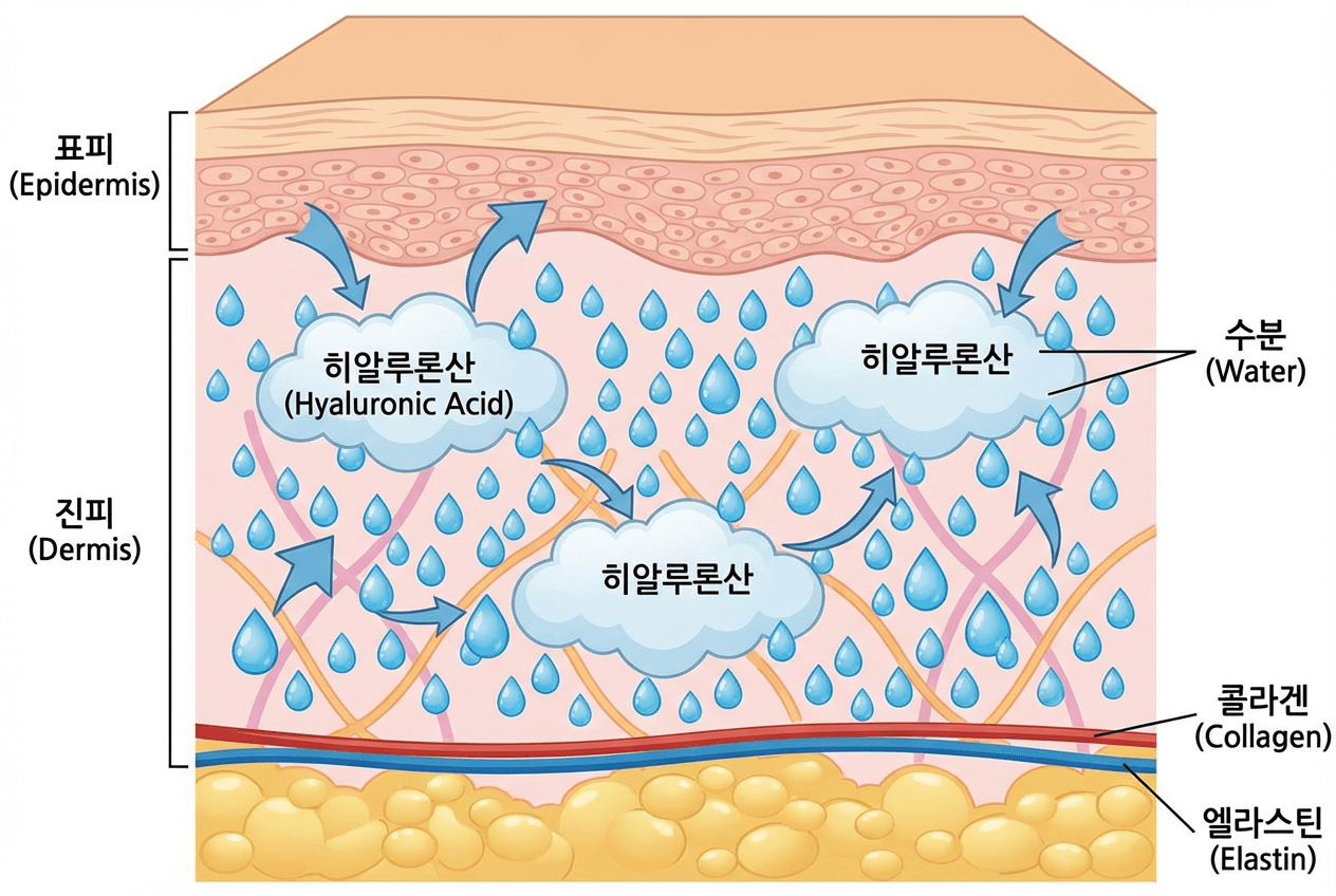 히알루론산과 피부 수분 보유 메커니즘을 설명하는 일러스트, 진피층에서 수분을 붙잡는 모습