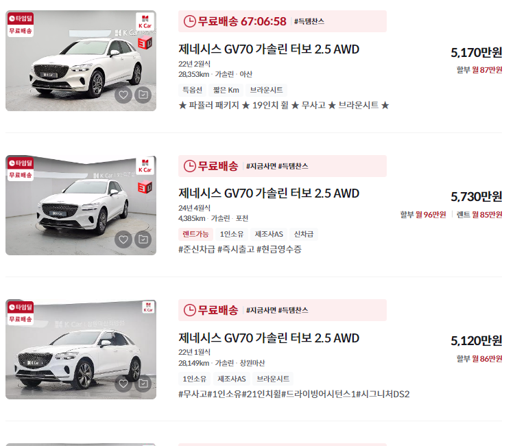 제네시스 GV70 중고차 가격 시세표 정리