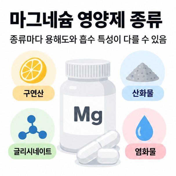 마그네슘 영양제 종류라는 제목과 구연산 산화물 글리시네이트 염화물 형태를 비교한 대표 이미지