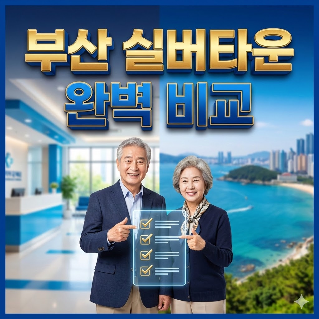부산 실버타운 비교 및 입주 가이드 썸네일, 웃고 있는 한국인 노부부와 바다 배경