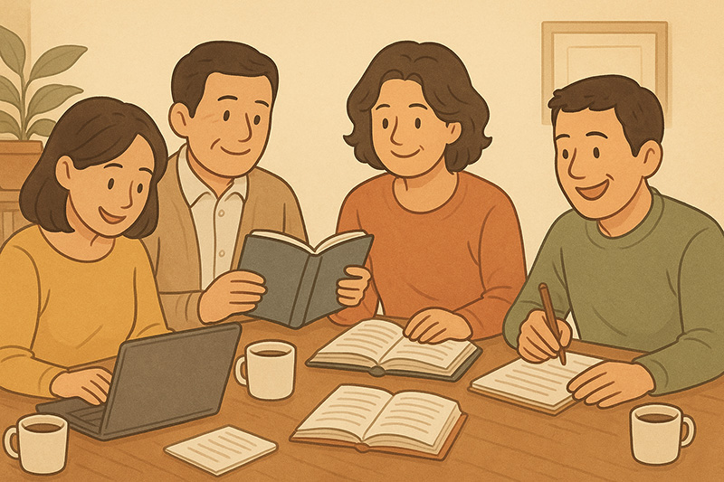 책상에서 자격증 공부를 함께 하는 40대 남녀 소그룹 학습 장면