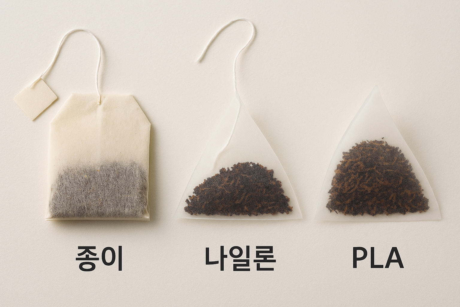 종이·나일론·PLA 티백을 나란히 배치한 비교 이미지