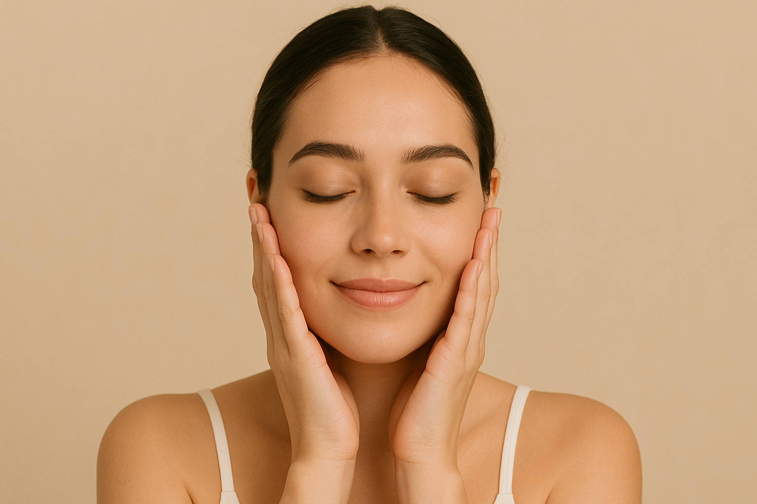 여성이 콜라겐 화장품을 바르고 피부에 흡수시켜주고 있는 이미지