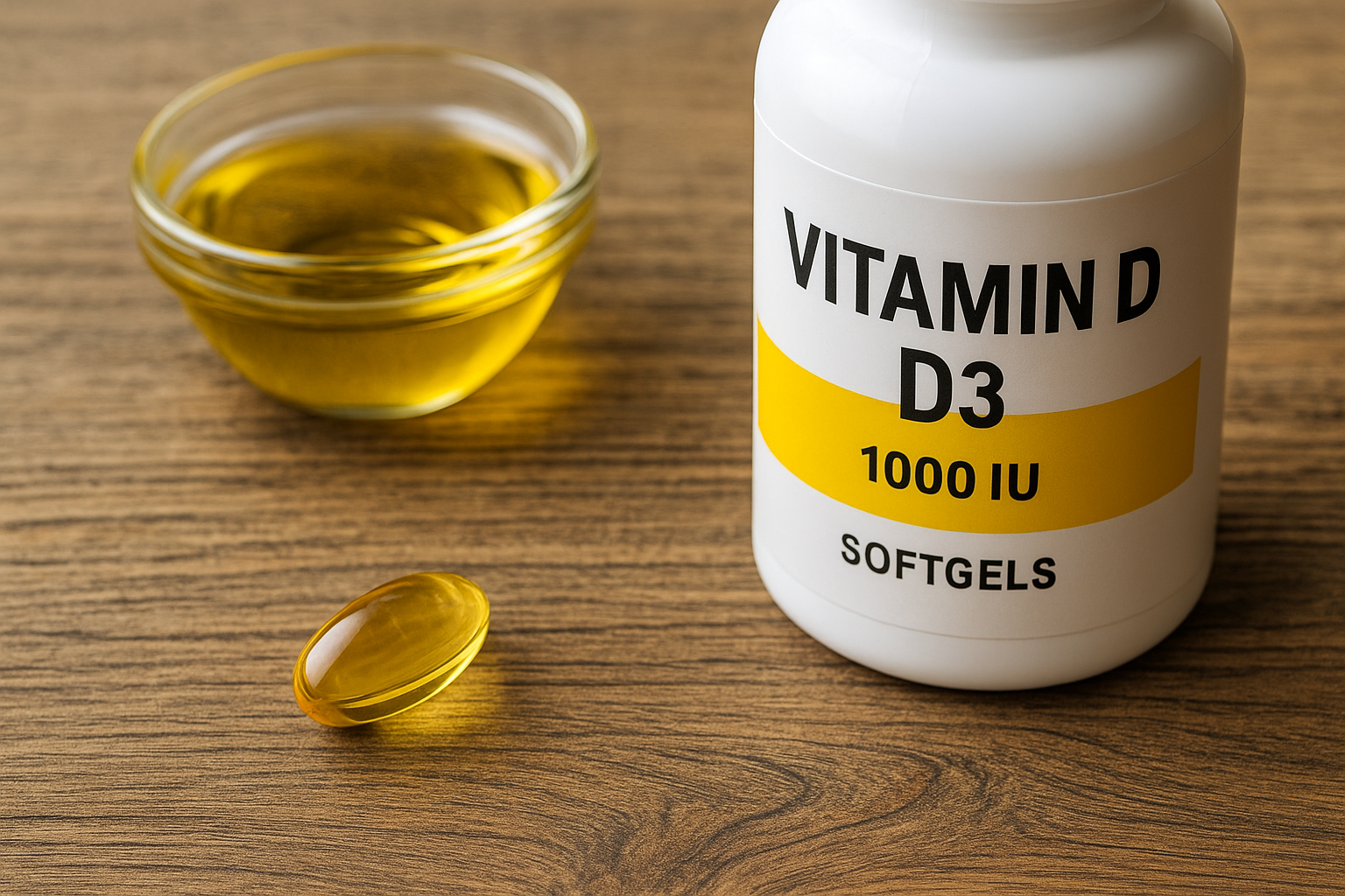 비타민 D3 소프트젤과 올리브오일, 나뭇결 테이블 위 플랫레이