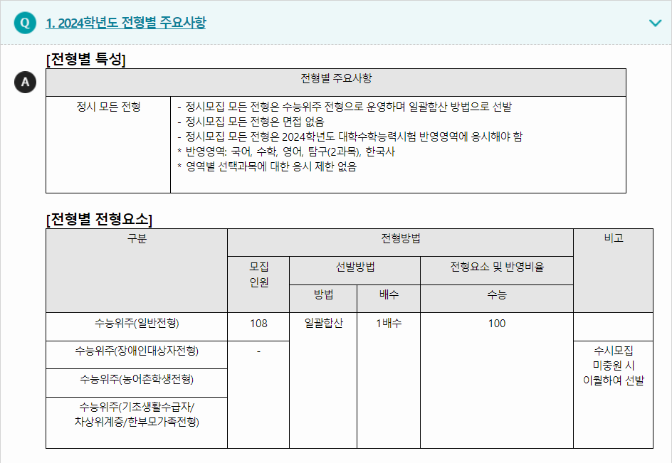 2024학년도 광주교육대학교 수능위주전형 전형별 주요사항