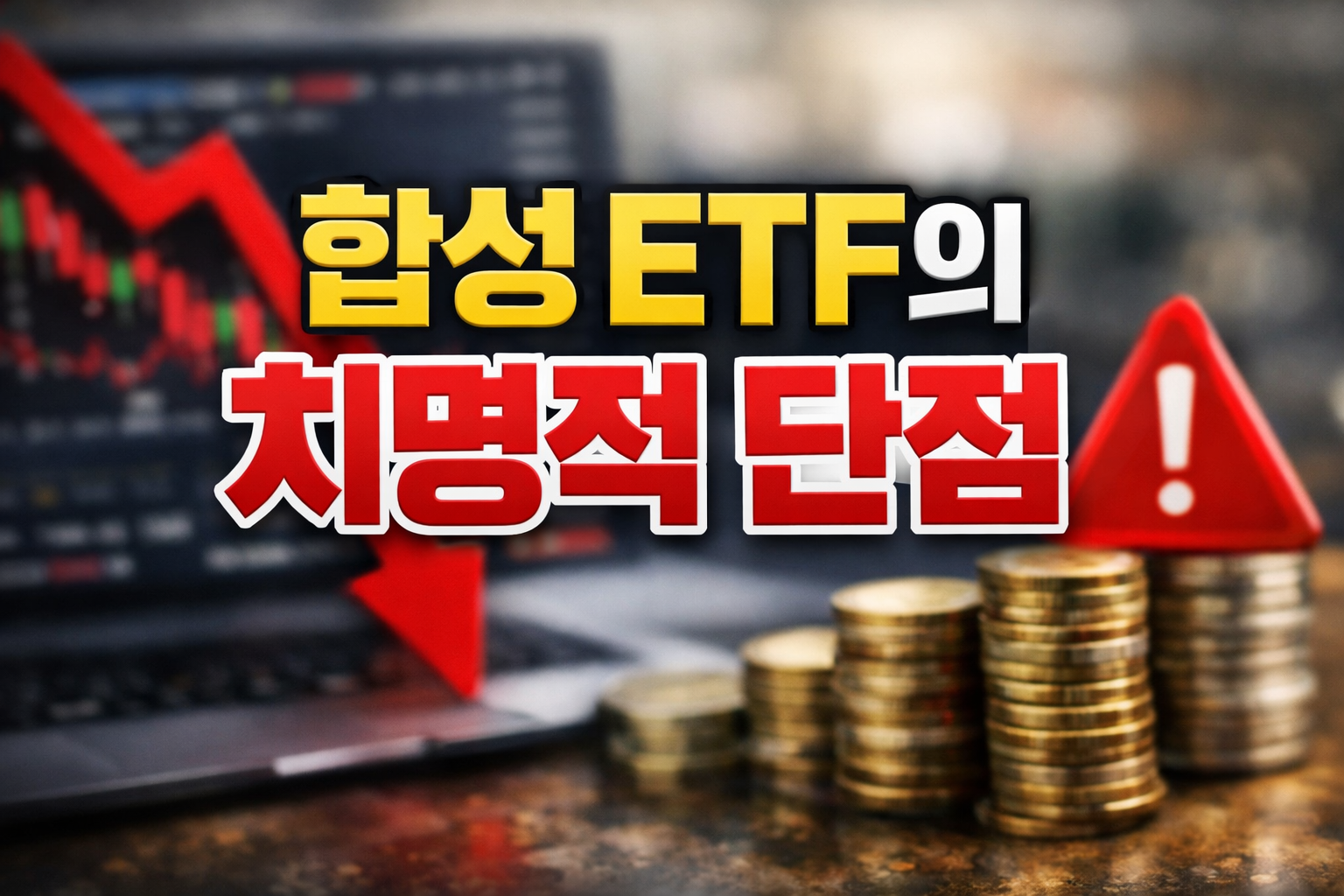 노트북 주가 차트 하락 화면, 빨간 하락 화살표, 경고 삼각형 아이콘, 동전 더미 위에 ‘합성 ETF의 치명적 단점’ 문구가 있는 썸네일 이미지