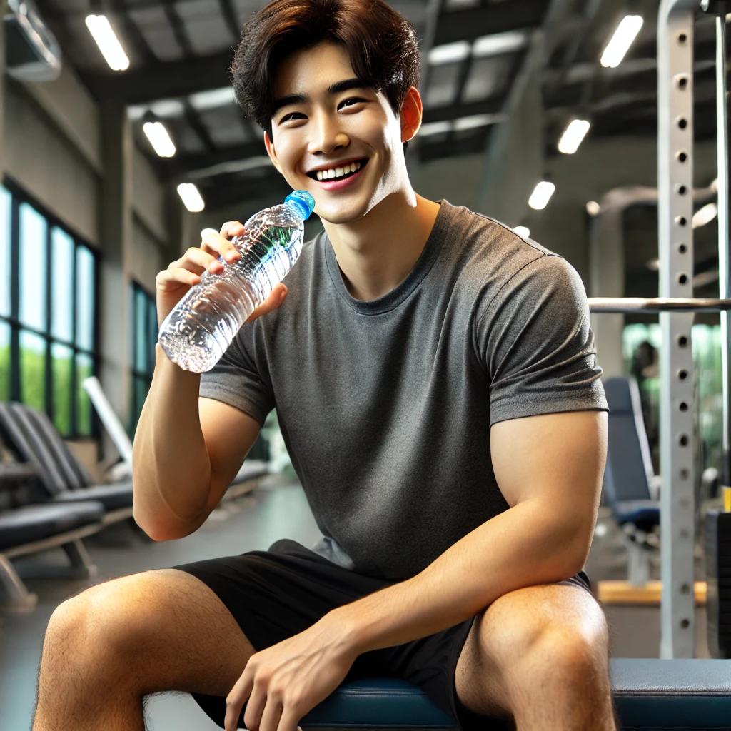헬스장에서 운동 후 벤치에 앉아 물을 마시며 미소 짓는 젊은 남성