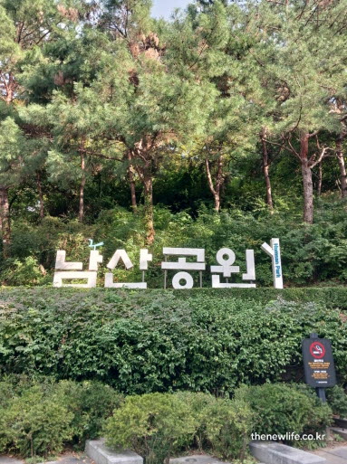 서울 단풍명소 남산공원 입구 표지판과 가을 숲길