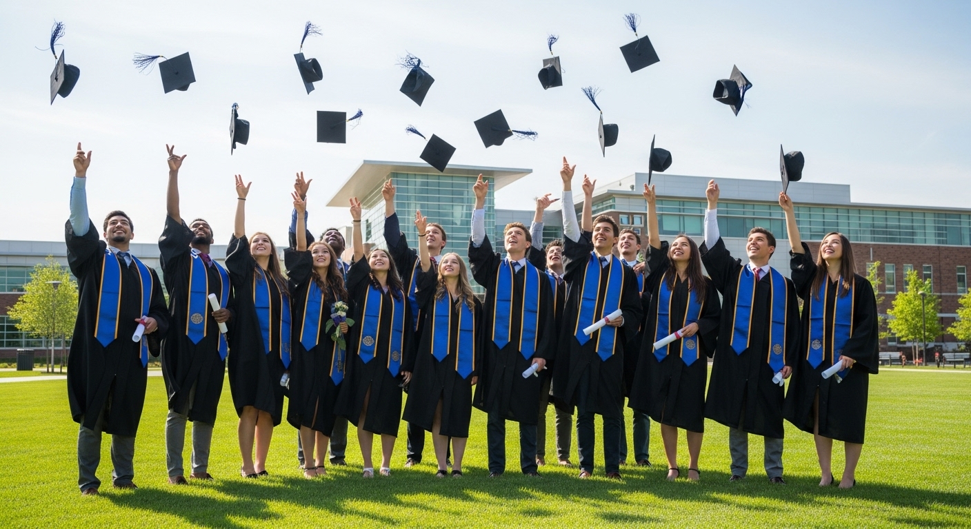 졸업 가운을 입은 젊은이들이 졸업모를 던지며 환호하는 모습, 시니어이어의 끝과 새로운 시작을 상징합니다.