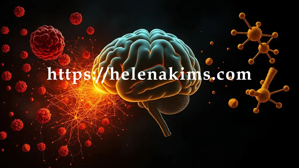 뇌를 둘러싼 붉고 거친 염증 입자들이 위협적으로 떠다니지만, 옆에서 황금빛 강황 뿌리와 커큐민 분자 아이콘이 큐민 에너지를 뇌로 방출하는 이미지.