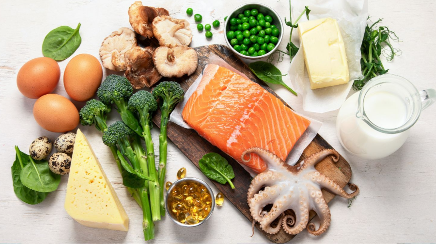 비타민D가 풍부한 식재료 사진 (연어, 달걀, 버섯 등)