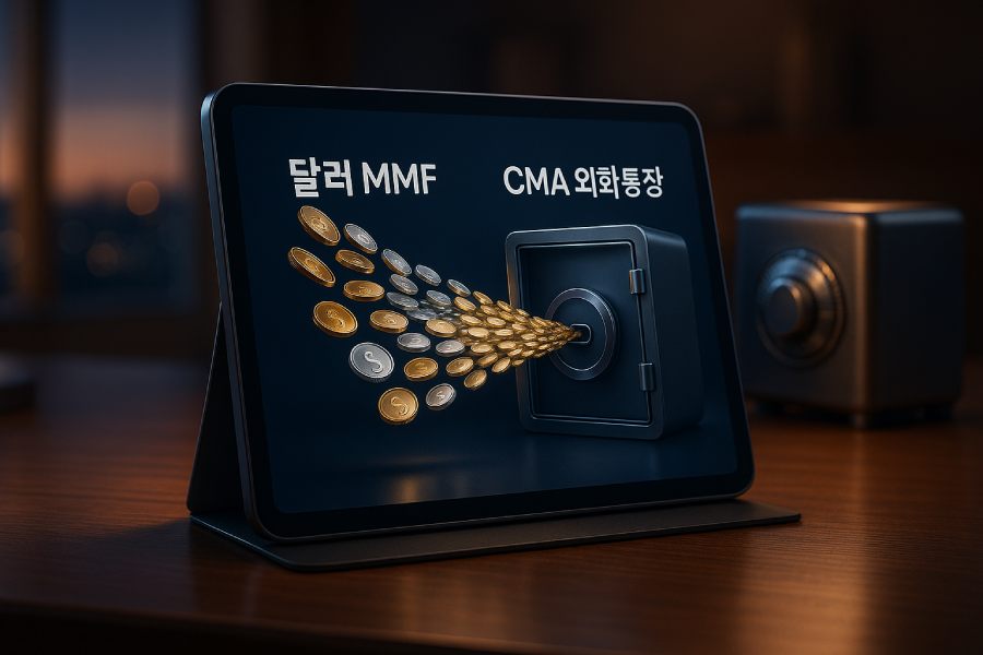 달러 MMF와 CMA 외화통장 개념을 시각화한 이미지로, 태블릿 화면에서 금색&middot;은색 디지털 코인이 보안 금고로 흘러들어가는 장면을 표현한 고급 금융 컨셉 3D 렌더링.