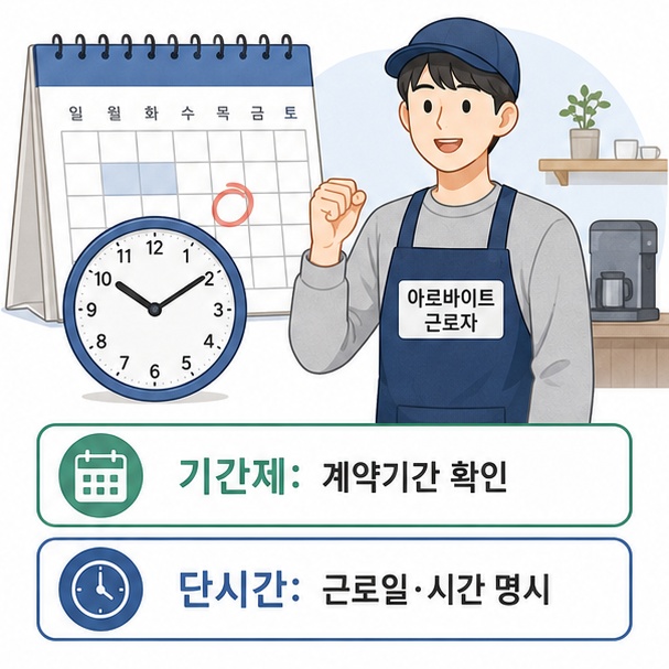 기간제근로자의 계약기간과 단시간근로자의 근로일 및 근로시간 명시사항을 설명한 이미지