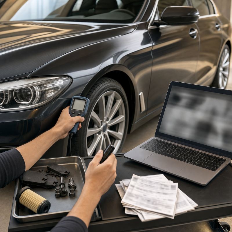 BMW 5시리즈 중고 구매 전 검수 체크리스트와 정비 예산표를 노트북에 정리한 모습