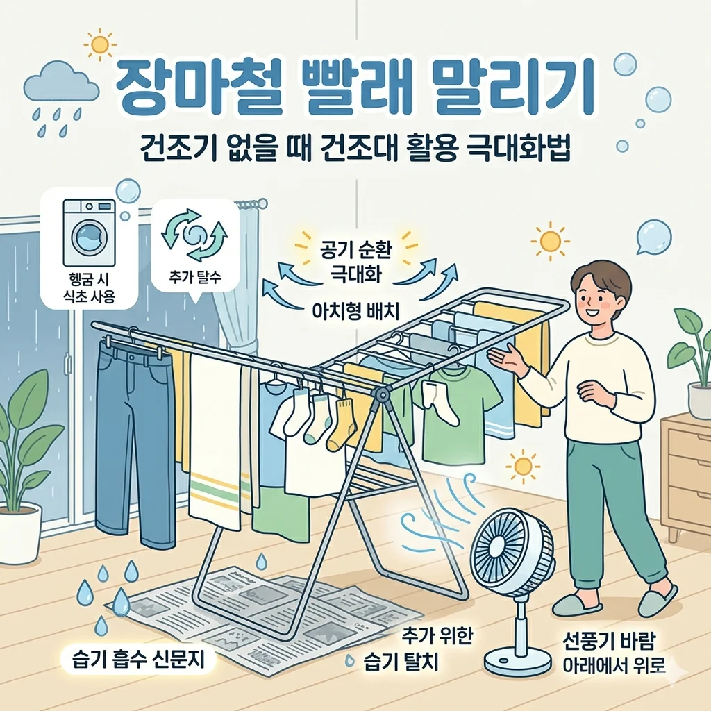 장마철 빨래 말리기: 건조기 없을 때 건조대 활용 극대화법