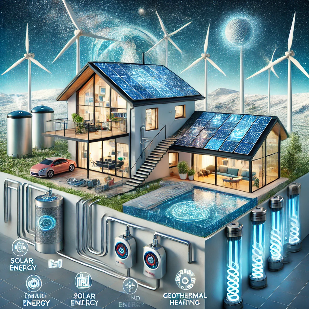 태양광 패널, 풍력 터빈, 지열 난방 시스템이 결합되어 효율적인 난방을 제공하며, 스마트 홈 시스템이 모든 에너지원을 통합하여 관리하는 모습