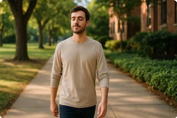 스마트폰 없이 걸으며 머리를 비우는 산책 장면