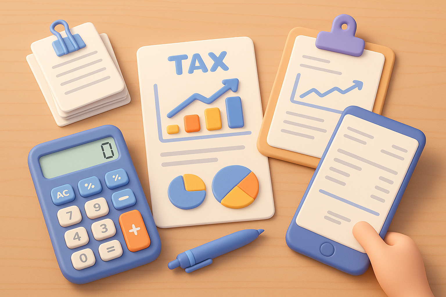 세금 신고 서류, 계산기, 펜, 영수증 등이 책상 위에 놓여 있는 모습. 절세의 중요성을 암시한다.