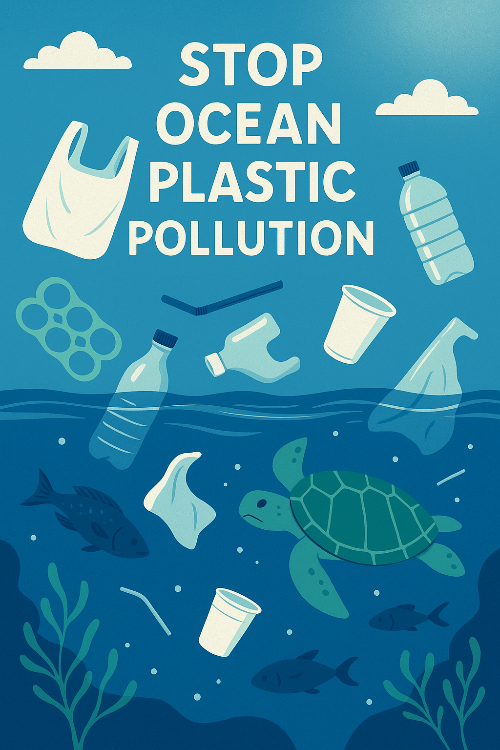 푸른 바다 위에 떠다니는 플라스틱 병, 비닐봉지, 빨대 등이 가득한 디지털 일러스트