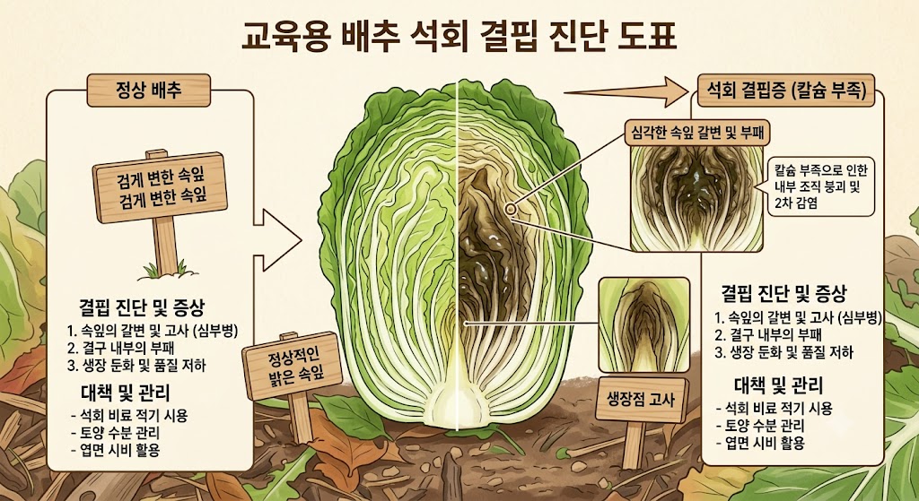 배추 겉잎과 속잎을 비교하여 칼슘결핍 증상을 설명하는 진단 구조도