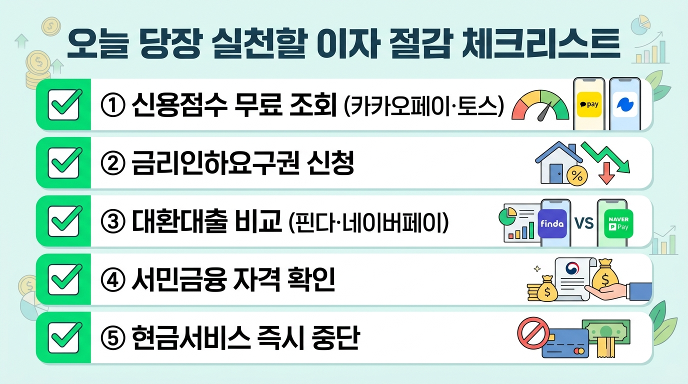 오늘 당장 실천할 이자 절감 체크리스트 인포그래픽 (5단계 체크박스)