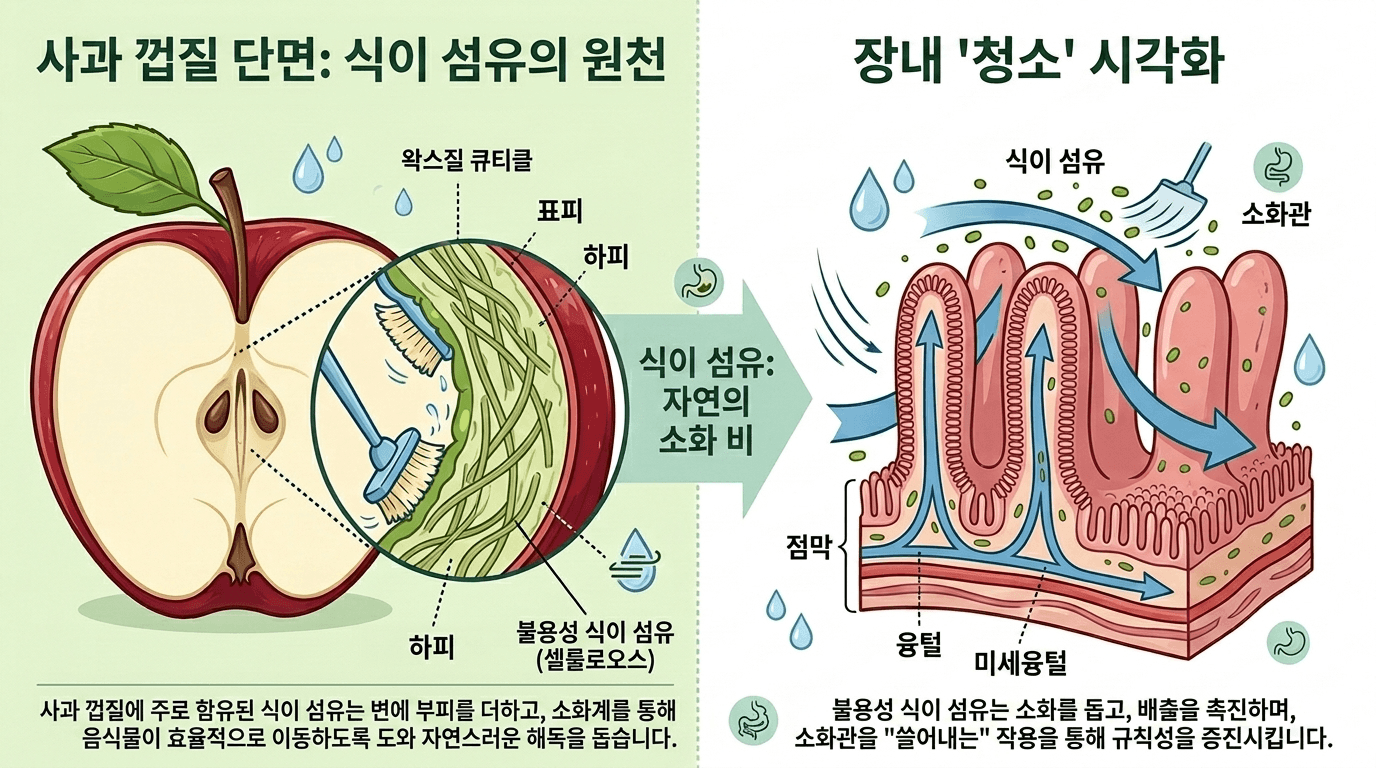사과 껍질의 식이섬유 구조와 장내 노폐물을 청소하는 과정을 설명한 교육용 인포그래픽