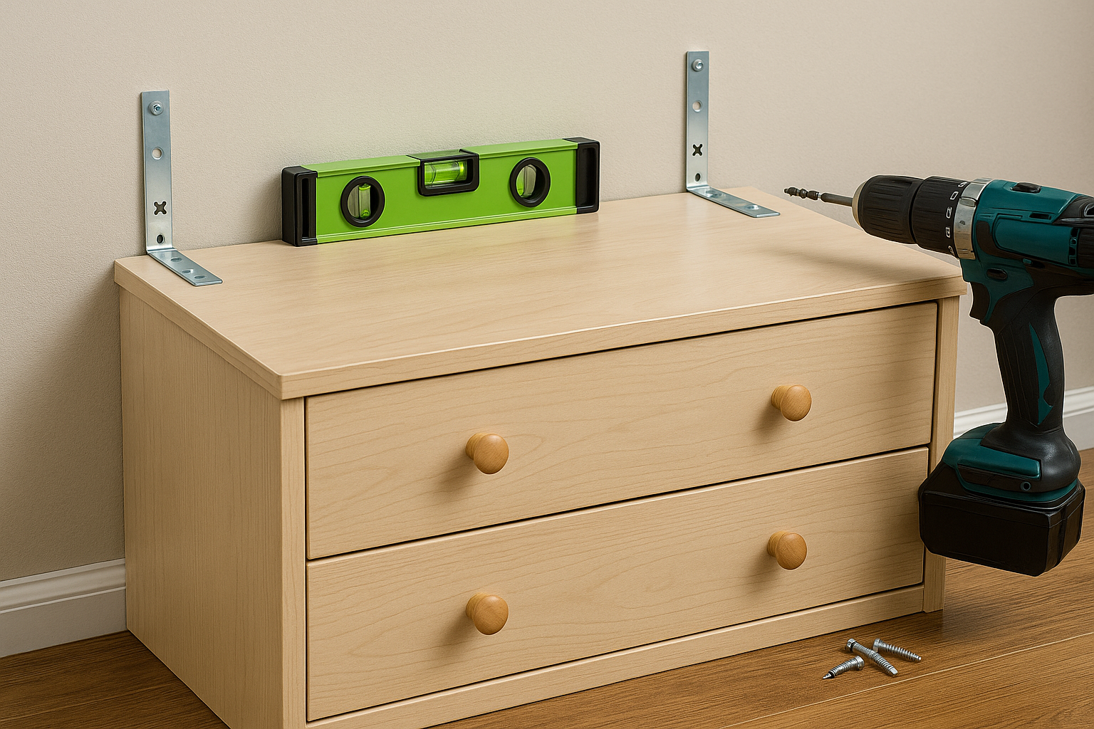 서랍장을 벽체에 L자 브라켓 2점으로 고정하는 과정(수평계·전동드릴 사용)