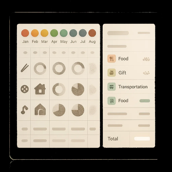월별 지출 항목과 비율이 시각화된 가계부 대시보드 요약표