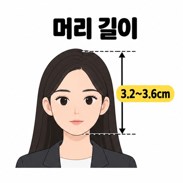 정수리부터 턱까지의 머리 길이 3.2~3.6cm를 표시한 정면 얼굴 측정 도식
