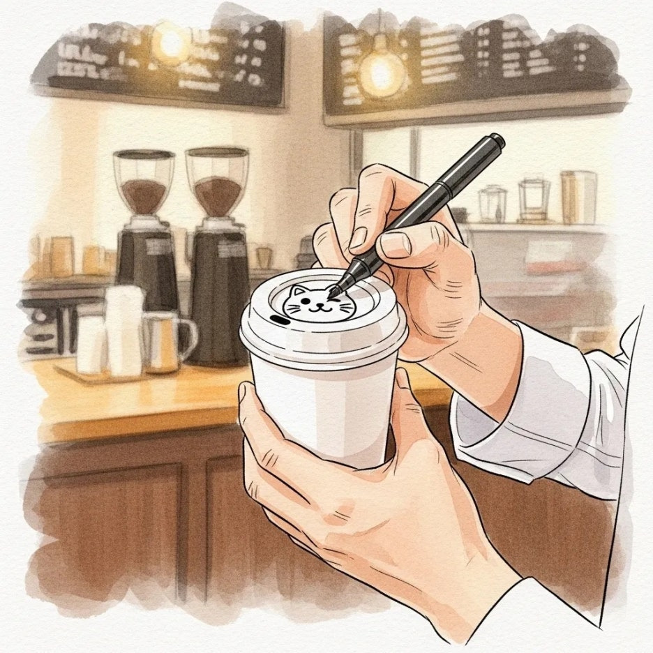 바리스타가 컵에 귀여운 행운냥을 그리는 모습