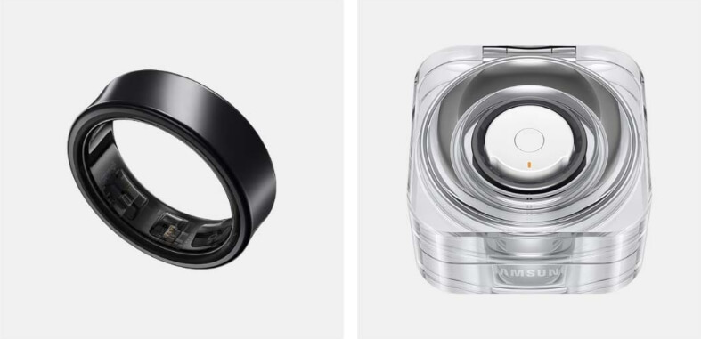 검정색 삼성 갤럭시 링의 클로즈업 사진과 무선 충전 케이스가 나란히 배치된 모습