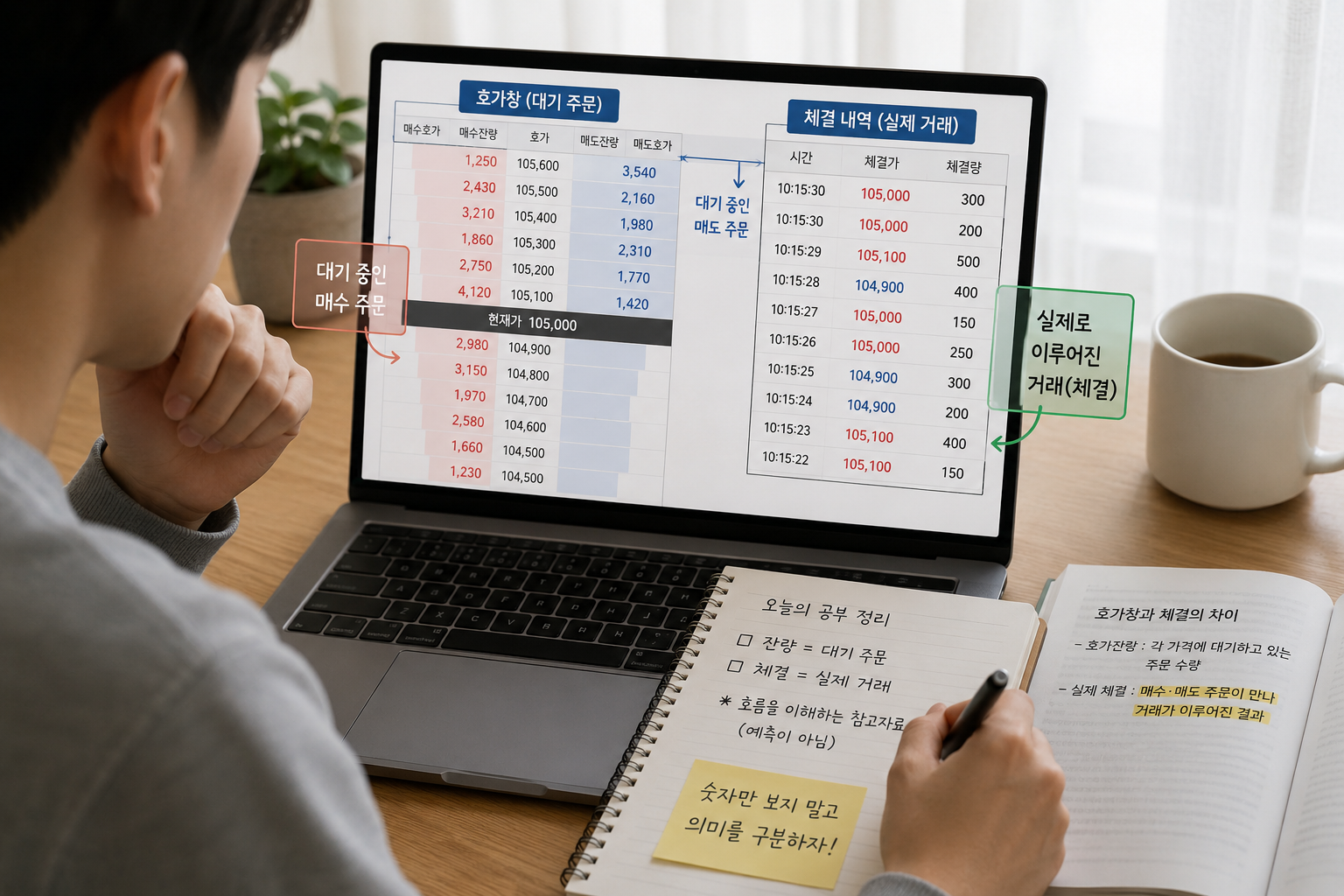 호가잔량과 실제 체결 흐름을 구분해서 살펴보는 모습.