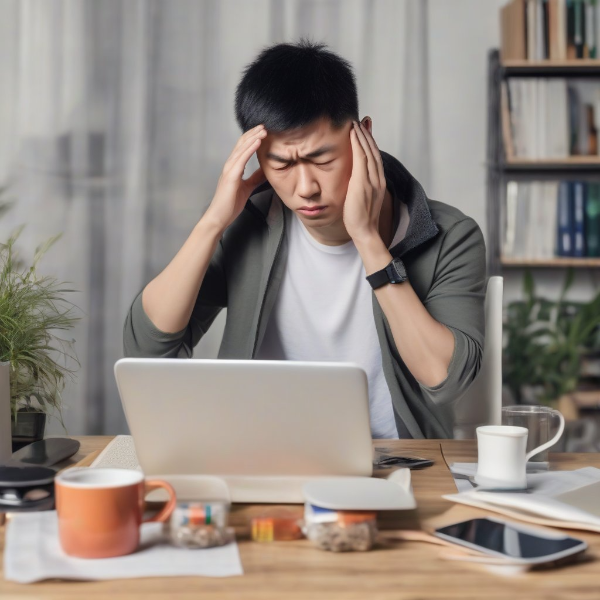 노트북 앞에서 관자놀이를 문지르며 피곤하고 멍한 표정을 짓고 있는 한국인 남성, 홈오피스 배경