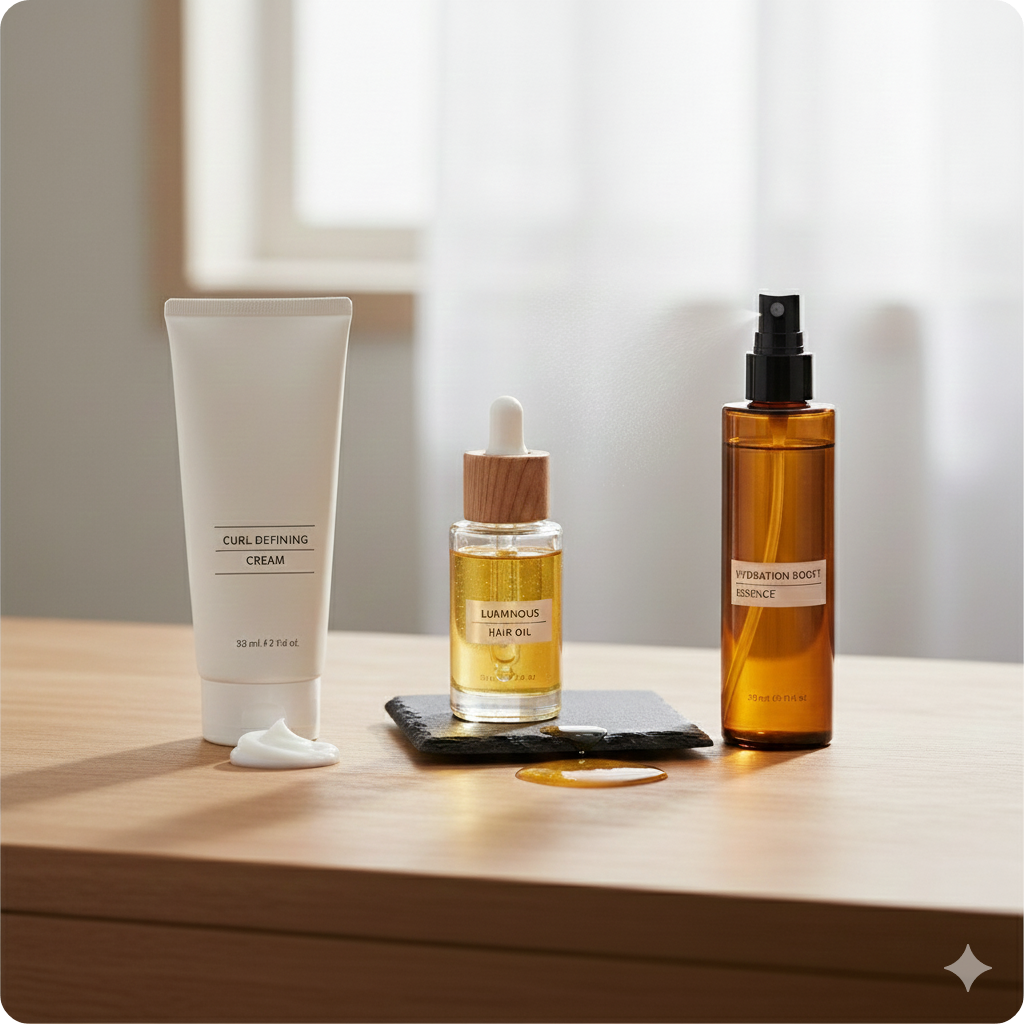 3가지 제형(크림, 오일, 액체)의 헤어 제품이 나란히 놓여있는 제품 비교 사진
