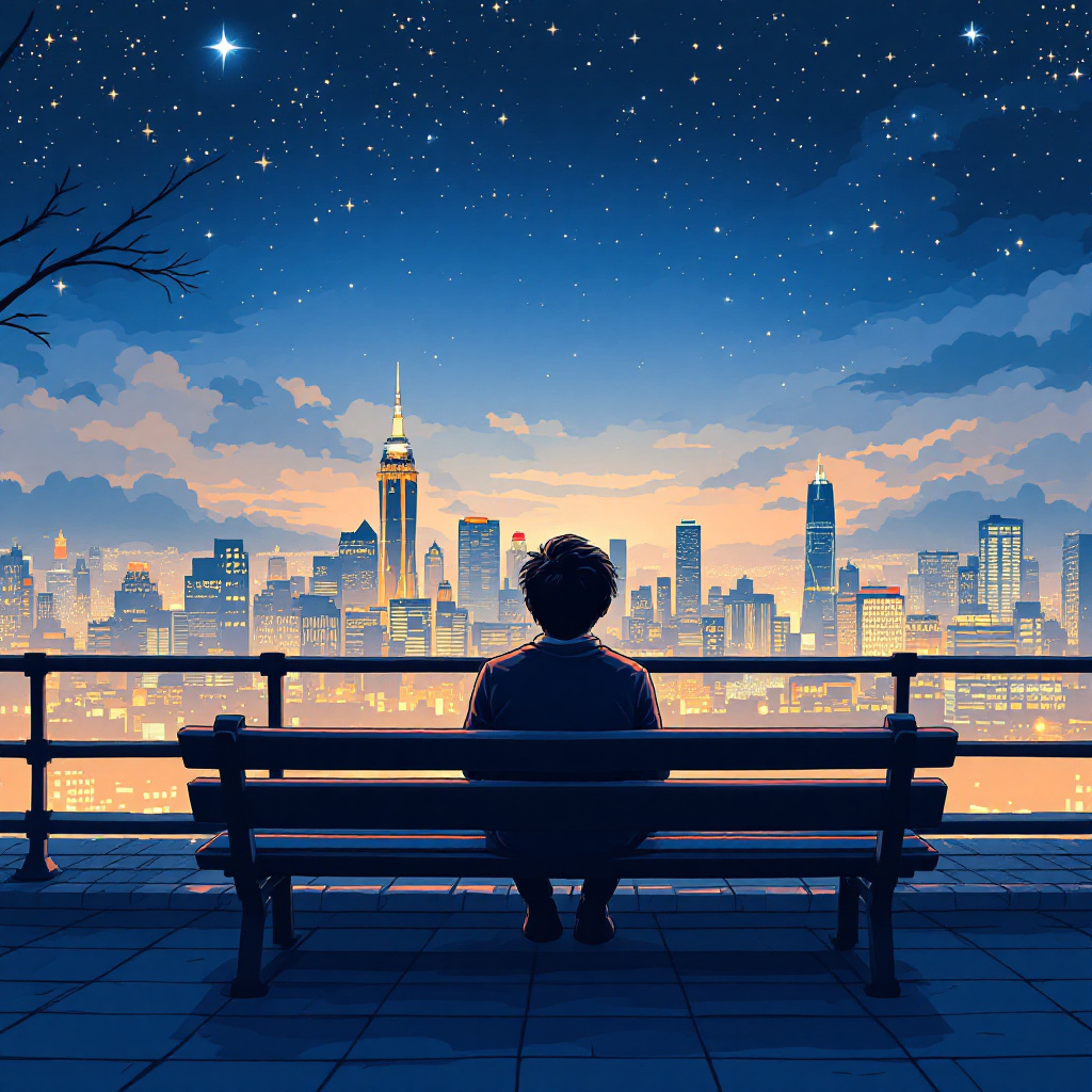 벤치에 앉아 도시 야경과 별빛을 바라보는 창업자의 감성 일러스트. 창업 여정의 고요한 반성과 미래를 응시하는 모습.
