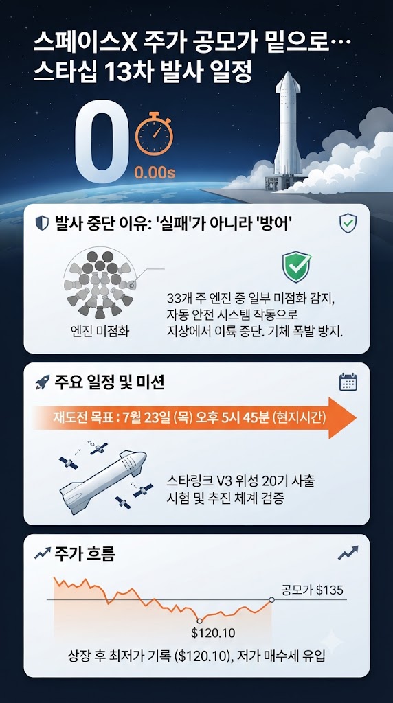 스페이스X 스타십 13차 발사 일정 및 주가 분석 인포그래픽: 발사 중단 이유, 재발사 시간, 주요 미션, 상장 후 주가 흐름 요약