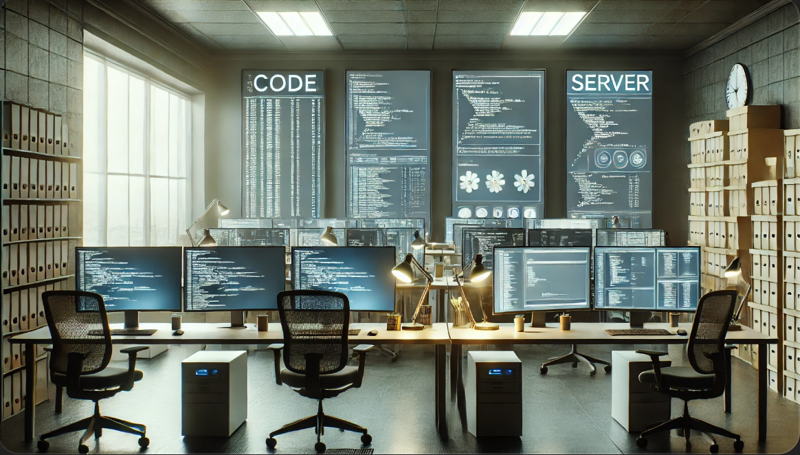 현대적인 개발자 사무실, 여러 대의 모니터에서 코드와 서버 상태를 보여줌