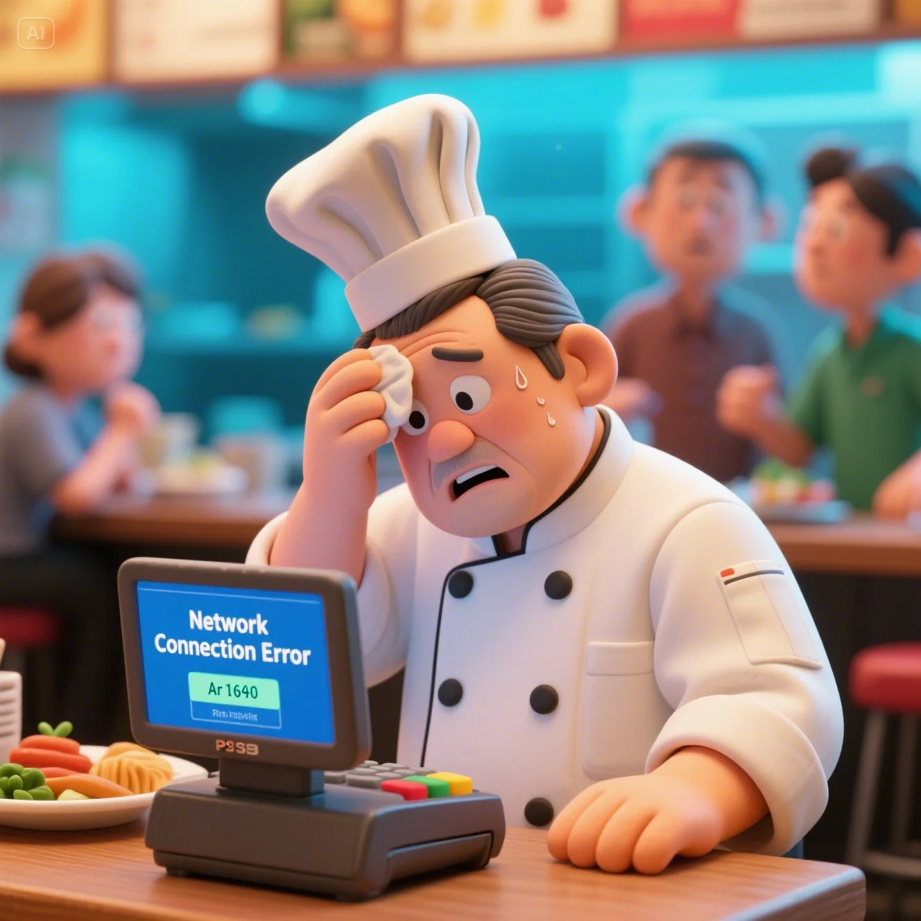 포스기에 뜬 네트워크 연결 오류 메시지를 보고 당황한 식당 사장님