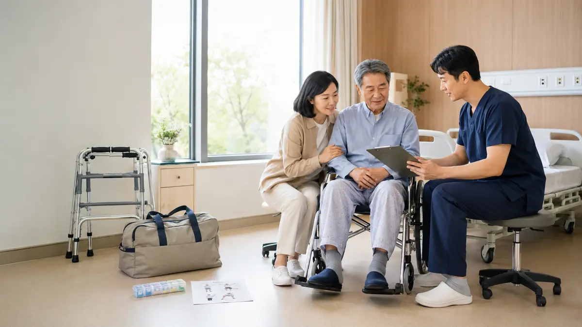 뇌졸중 환자와 보호자가 재활치료사와 함께 퇴원 준비사항을 확인하는 모습