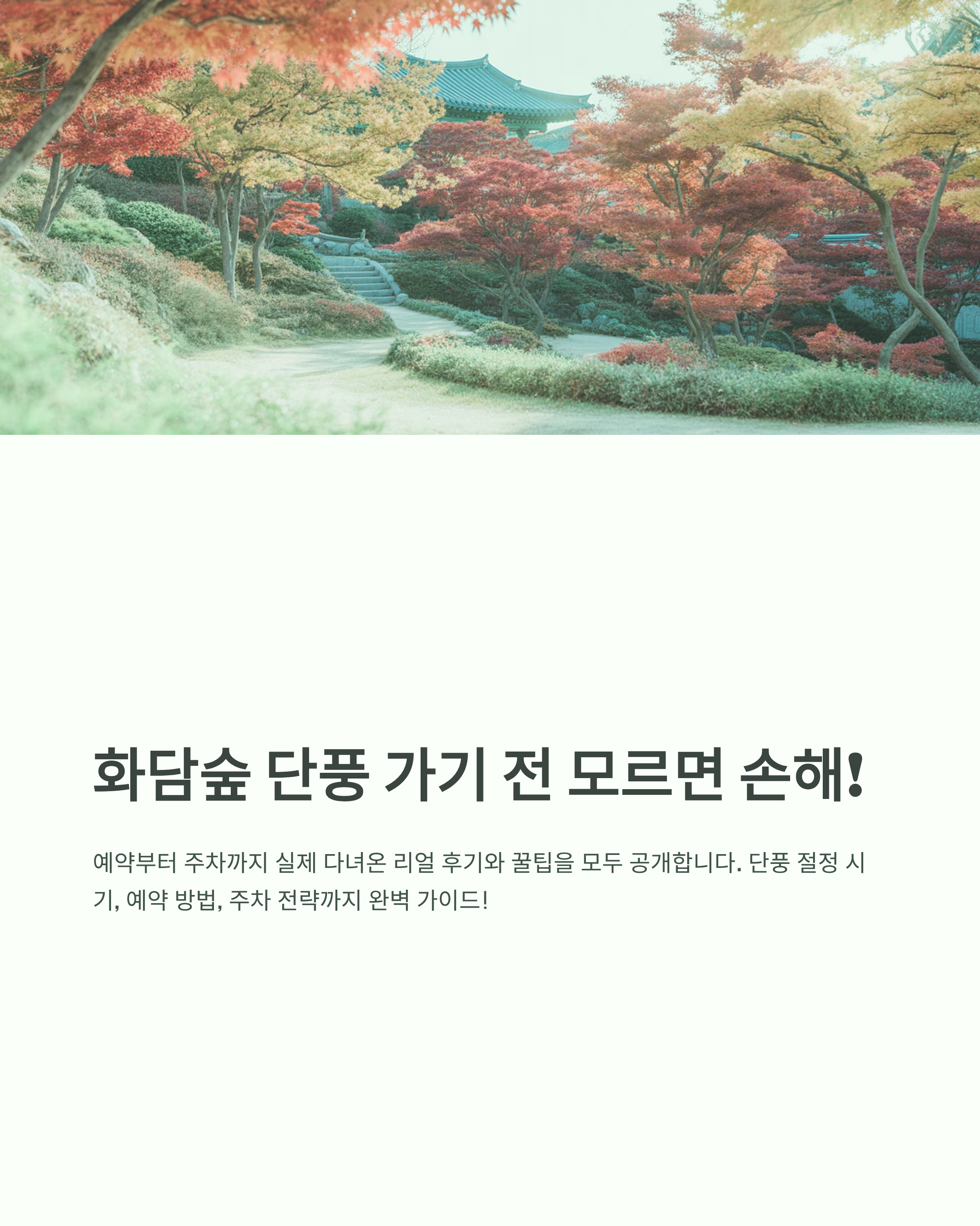 화담숲의 단풍이 절정을 이룬 가을 풍경 속 굽이진 산책로와 전통 건물이 어우러진 장면, 단풍 여행 가이드 소개 이미지