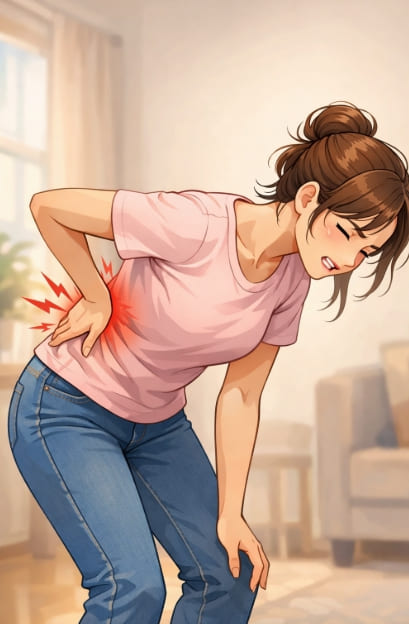 허리를 숙이다 통증 느끼는 모습