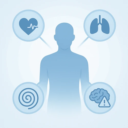 공황장애 주요 증상을 나타낸 의료 일러스트레이션 - 심계항진, 호흡곤란, 어지럼증, 불안 증상 표현