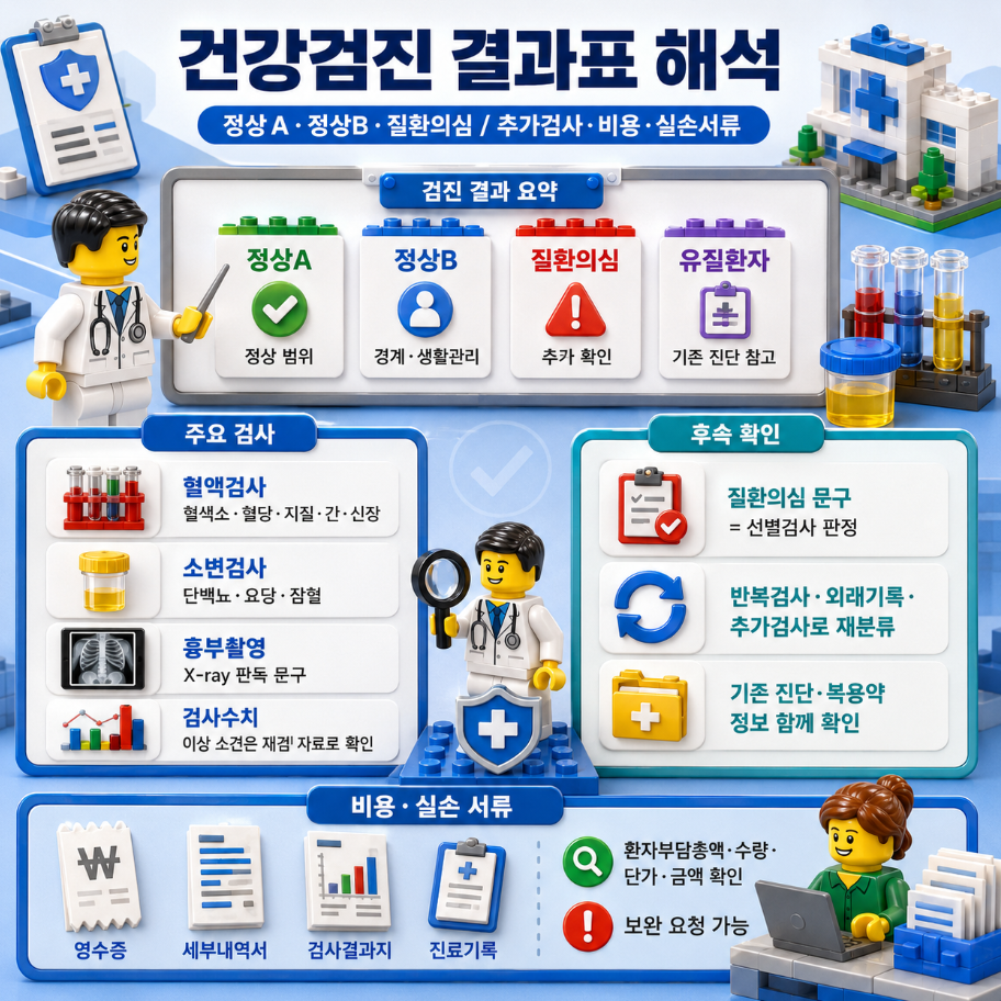 건강검진 결과표의 정상A&middot;정상B&middot;질환의심 판정과 추가검사&middot;실손서류 기준을 레고 스타일 의료 인포그래픽으로 정리한 이미지