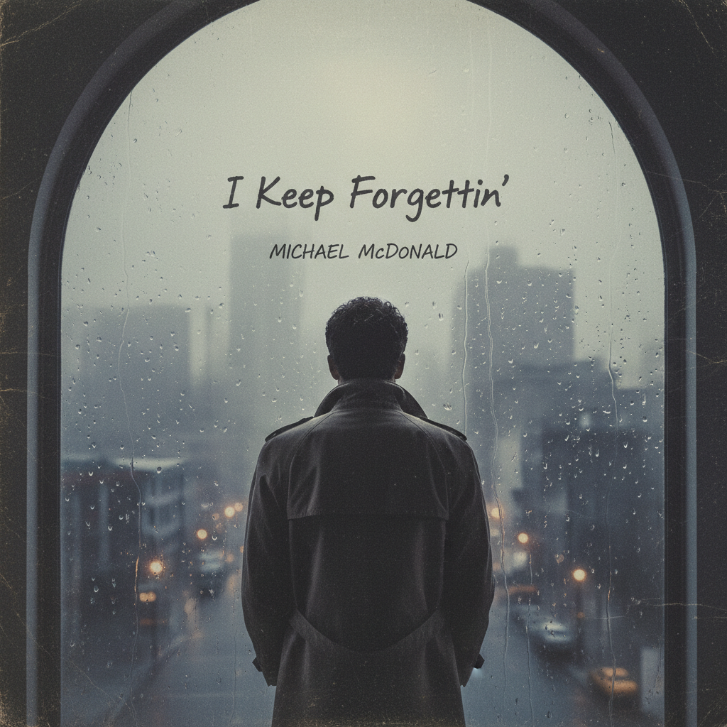 마이클 맥도널드의 "I Keep Forgettin'" 노래 분위기에 어울리는, 창밖을 바라보며 깊은 생각에 잠긴 남자의 슬픈 모습.