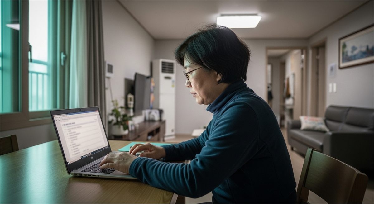 집에서 노트북으로 정년과 연금 정보를 확인하는 한국인 직장인