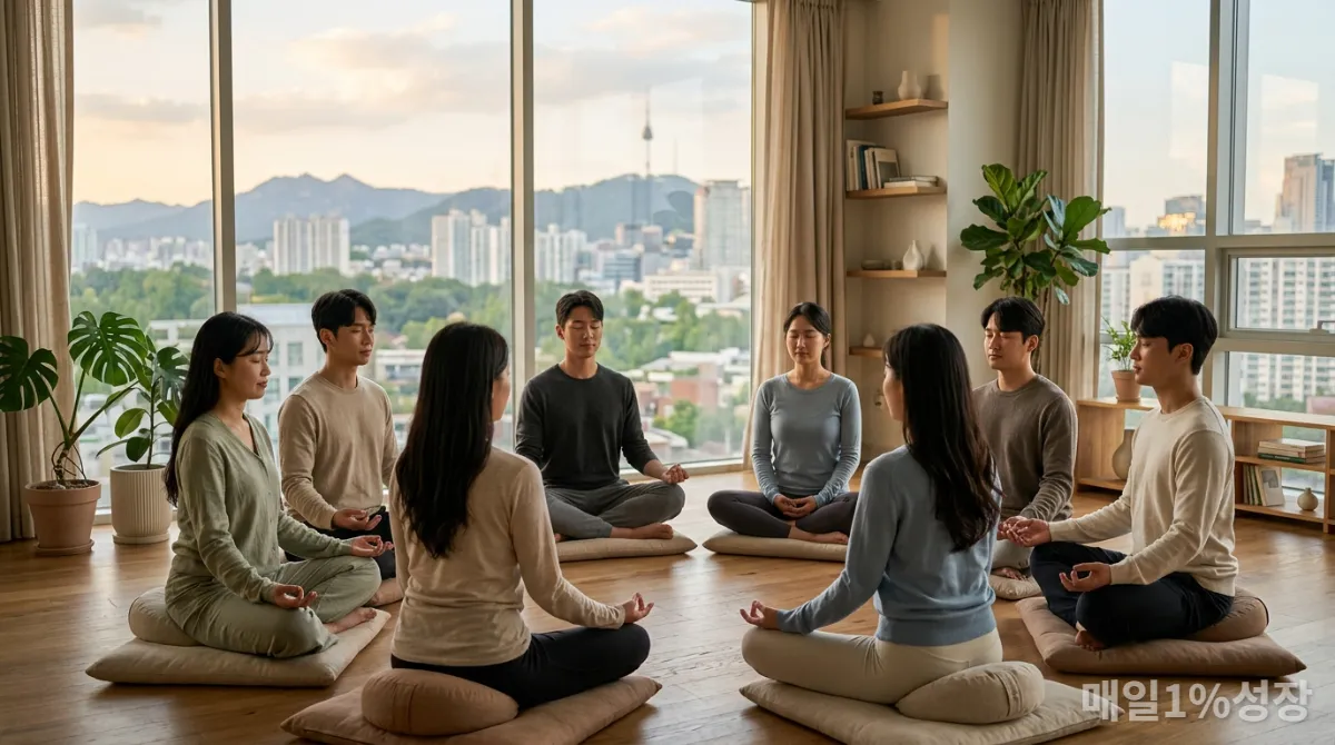 현대적인 스튜디오에서 함께 마음챙김 명상을 하는 젊은 한국인들
